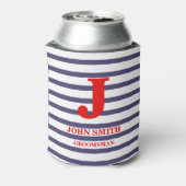 Red Monogram Navy Blue White Stripes Pattern Blikjeskoeler (Blikje Achterkant)