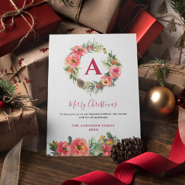 Red Monogram Pink Botanical Wreath Christmas Card Folie Feestdagenkaart