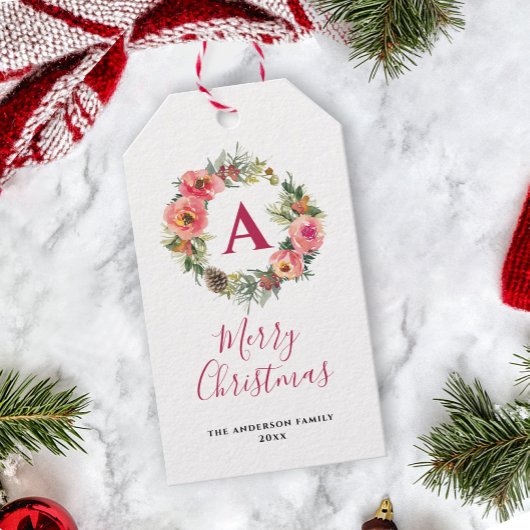 Red Monogram Pink Wreath Greenery Christmas Cadeaulabel