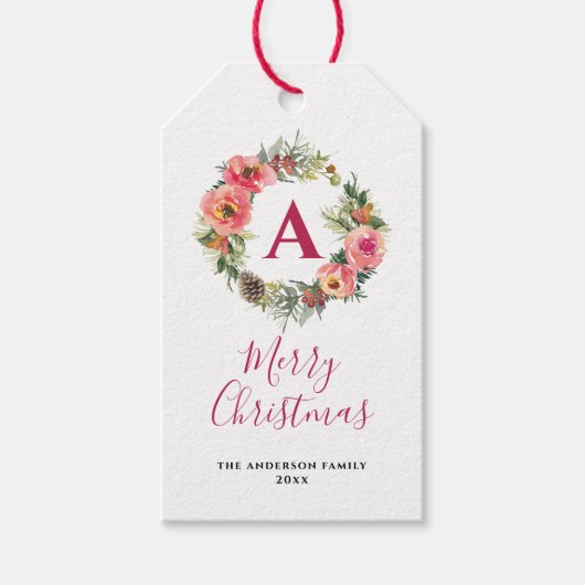 Red Monogram Pink Wreath Greenery Christmas Cadeaulabel (Voorkant)