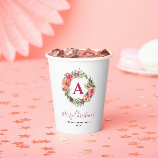 Red Monogram Pink Wreath Greenery Christmas Party Papieren Bekers (Insitu)
