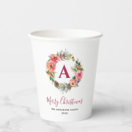 Red Monogram Pink Wreath Greenery Christmas Party Papieren Bekers