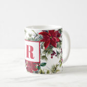 Red Monogram Poinsettia Kerstmis Koffiemok (Voorkant rechts)