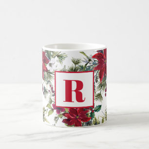 Red Monogram Poinsettia Kerstmis Koffiemok