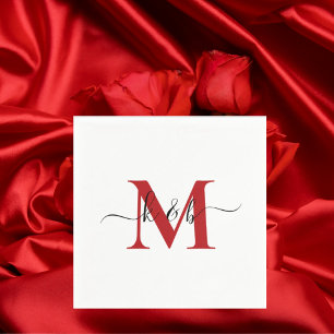 Red Monogram Swash Script White Cocktail Servet