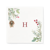 Red Monogram Waterverf Kerstmis Greenery Berry
