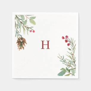 Red Monogram Waterverf Kerstmis Greenery Berry Servet