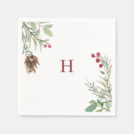 Red Monogram Waterverf Kerstmis Greenery Berry Servet (Voorkant)