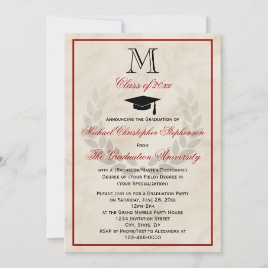 Red Monogram Wreath Classic College Afstuderen Kaart (Voorkant)