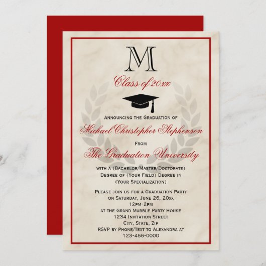 Red Monogram Wreath Classic College Afstuderen Kaart (Voorkant / Achterkant)