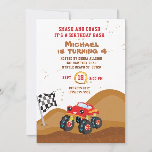 Red Monster Truck 4th Birthday Racing Kaart (Voorkant)