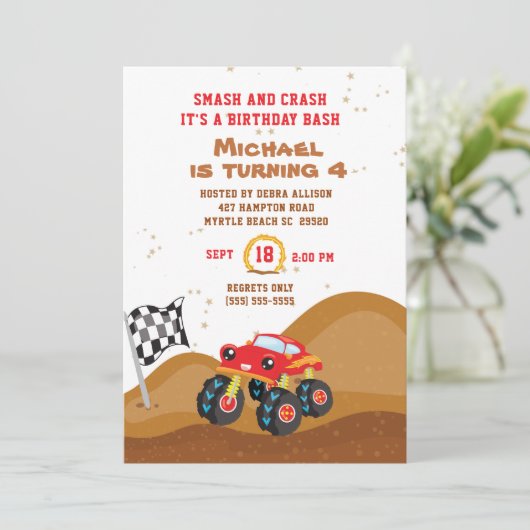 Red Monster Truck 4th Birthday Racing Kaart (Staand voorkant)