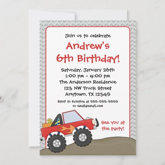 Red Monster Truck Birthday Invitations Kaart (Voorkant)
