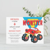 Red Monster Truck Birthday Party Invitation Kaart (Staand voorkant)