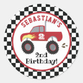 Red Monster Truck Birthday Racing Boys Ronde Sticker (Voorkant)