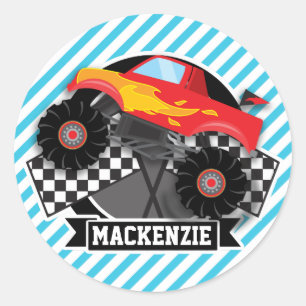 Red Monster Truck gecontroleerde vlag; Blauwe stre Ronde Sticker