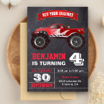 Red Monster Truck Kids Birthday Party Kaart<br><div class="desc">Maak je gasten geweldig met deze coole verjaardagsfeestuitnodiging die voorzien is van een mooie monstertruck met moderne typografie tegen een achtergrond van een bord. Voeg eenvoudig uw gebeurtenisdetails op deze makkelijk te gebruiken sjabloon toe om het één-van-een-soort uitnodiging te maken. Draai de kaart om een elegant streepvormig patroon op de...</div>
