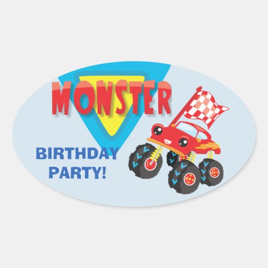 Red Monster Truck Kids Birthday Party Ovale Sticker (Voorkant)