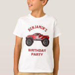 Red Monster Truck Kids Birthday Party T-shirt<br><div class="desc">T-shirt voor een monstervrachtwagen-themafeestje. Pas het aan met de naam van uw kind.</div>