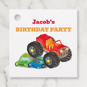 Red Monster Truck Verjaardagsfeest Waterverf Bedankjes Labels