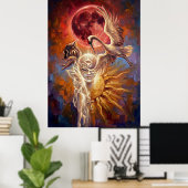 Red Moon Crane Symbolic Art Poster (Thuiskantoor)