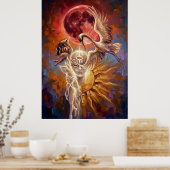 Red Moon Crane Symbolic Art Poster (Keuken)