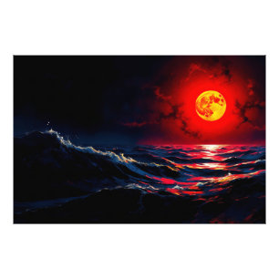 Red Moon Over Stormy Zee Fantasy Zeegezicht Foto Afdruk