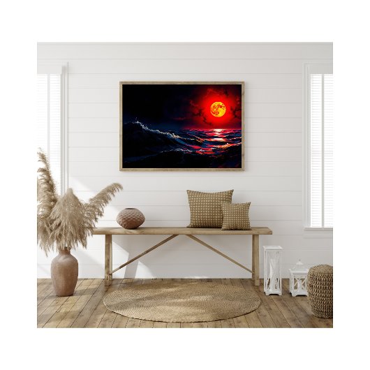 Red Moon Over Stormy Zee Fantasy Zeegezicht Foto Afdruk