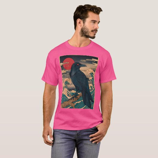 Red Moon Raven - Japanse stijl  zwarte kraai T-shirt (Voorkant volledig)