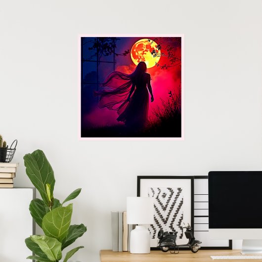 Red Moon Shadow Woman Mystery Design Poster (Thuiskantoor)