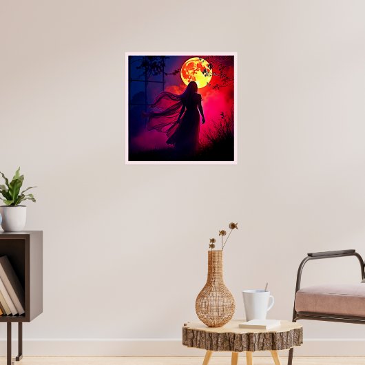 Red Moon Shadow Woman Mystery Design Poster (Woonkamer 3)