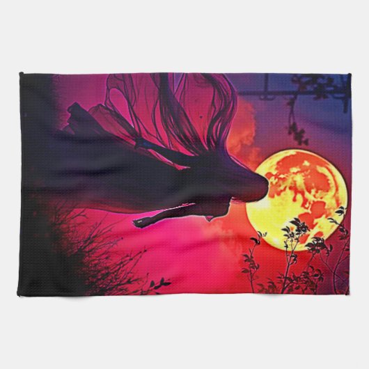 Red Moon Shadow Woman Mystery Design Theedoek (Horizontaal)