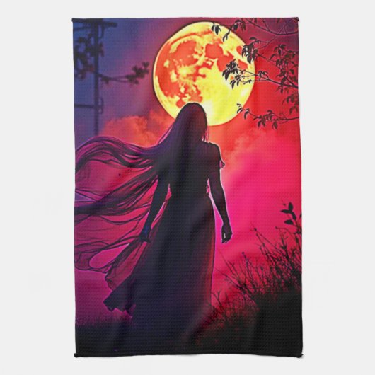 Red Moon Shadow Woman Mystery Design Theedoek (Verticaal)