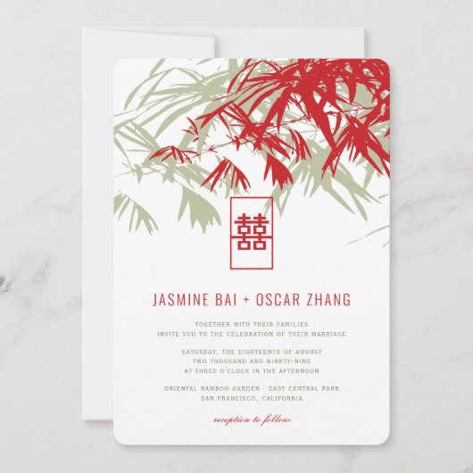 Red & Moss Bamboo laat dubbelXi Chinese bruiloft o Kaart (Voorkant)