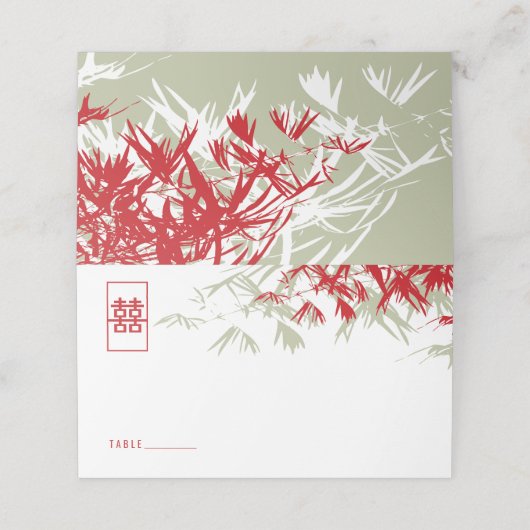 Red & Moss Bamboo laat dubbelXi Chinese bruiloft o Plaatskaartje (Buitenkant ongevouwen)