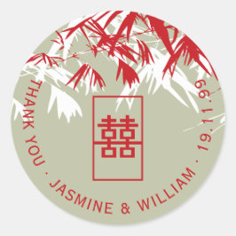 Red & Moss Bamboo Leaves Shuang Xi Chinese bruilof Ronde Sticker