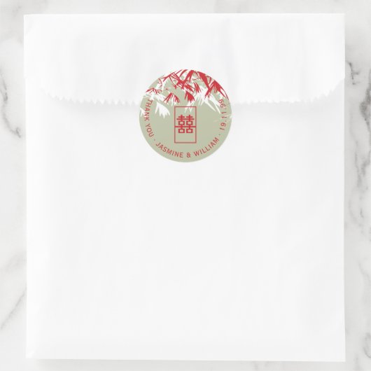 Red & Moss Bamboo Leaves Shuang Xi Chinese bruilof Ronde Sticker (Tas)