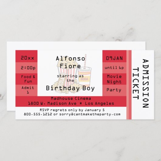 Red Movie Night Party Admission Ticket Invite (Voorkant / Achterkant)