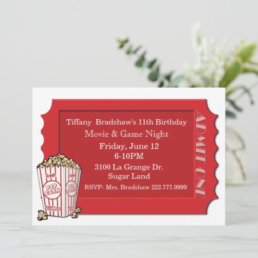 Red Movie Ticket Party-uitnodiging Kaart (Staand voorkant)