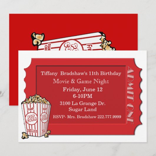 Red Movie Ticket Party-uitnodiging Kaart (Voorkant / Achterkant)