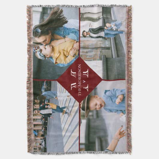 Red Multiple Photos Custom Monogram Familienaam Deken (Voorkant Verticaal)