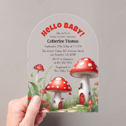 Red Mushroom Fungi Woodland Baby shower Acryl Uitnodigingen (Insitu (Draagbaar))