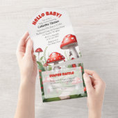 Red Mushroom Fungi Woodland Baby shower All In One Uitnodiging (Afscheurbaar)