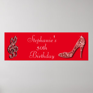 Red Music Note en Stiletto 50th Birthday Poster