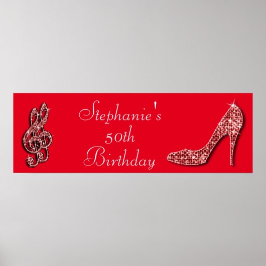 Red Music Note en Stiletto 50th Birthday Poster (Voorkant)