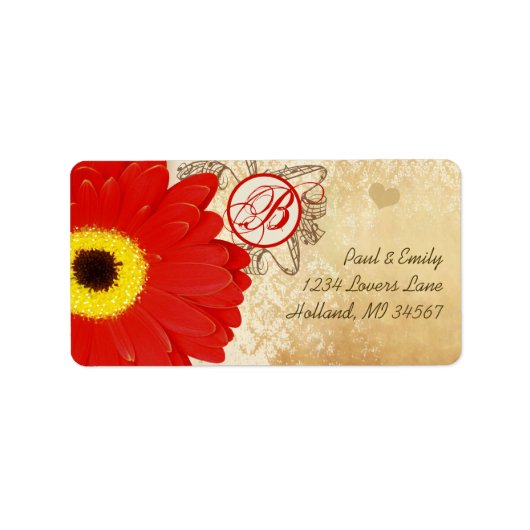 Red Musical Gerber Daisy Monogram Etiket (Voorkant)