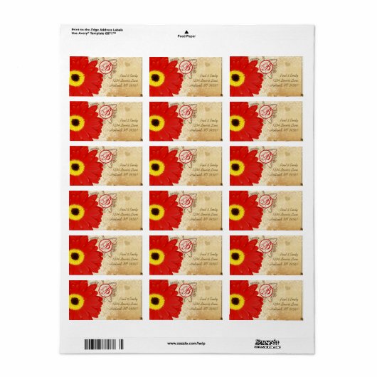 Red Musical Gerber Daisy Monogram Etiket (Full Sheet)