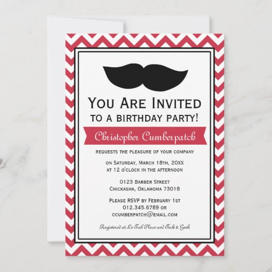 Red Mustache Chevron Birthday Party Kaart (Voorkant)