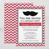 Red Mustache Chevron Birthday Party Kaart (Voorkant / Achterkant)