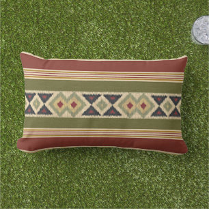 Red Mustard Yellow Olive Green Ikat Stripes Art Buitenkussen
